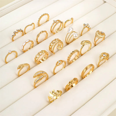 22Pcs Vintage Moon Eyes Pearl Rings Set For Women Metal Gold Color Snake Cross Geometric Hollow Finger Ring Trendy Party Jewelry