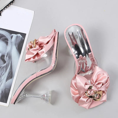 Transparente Damen-Pantoletten 2025 Sommer Mode Rosa Schmetterlingsknoten Designer-Sandalen Klare Absätze Größe 46 Damenschuhe