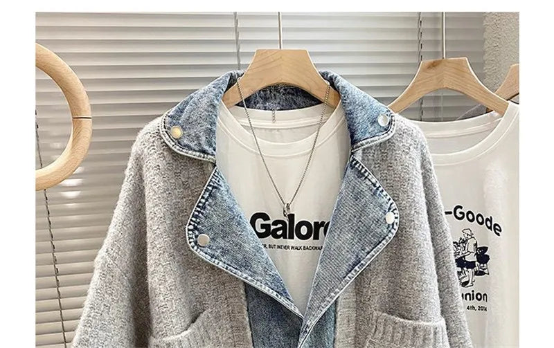 2023 New Autumn Winter Women Splicing Denim Jacket Women Long Sleeve Jean Jackets Female Loose Sweater Cardigan Jacket