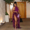 Sexy Slit African Evening Party Birthday Gowns Halter Neck Prom Dresses With Feathers Vestido De Festa Customized