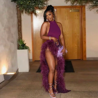 Sexy Slit African Evening Party Birthday Gowns Halter Neck Prom Dresses With Feathers Vestido De Festa Customized