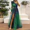 Vintage Blumenmuster Langarm High Waist Langes Kleid Sexy Asymmetrisches Mesh Abendkleid Neu Ein-Schulter-Ärmel Falten Brautjungfernkleid