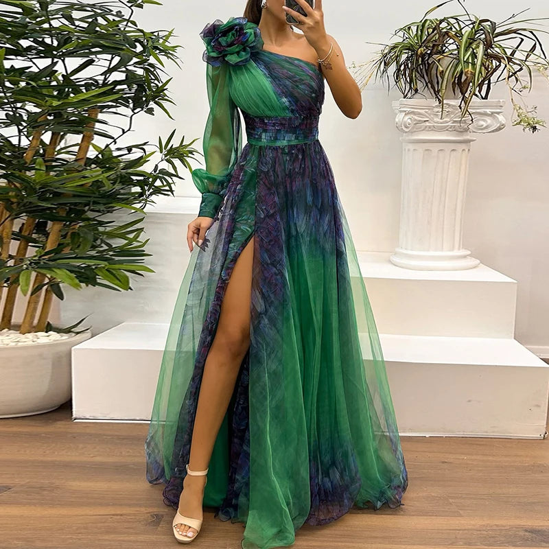 Vintage Blumenmuster Langarm High Waist Langes Kleid Sexy Asymmetrisches Mesh Abendkleid Neu Ein-Schulter-Ärmel Falten Brautjungfernkleid
