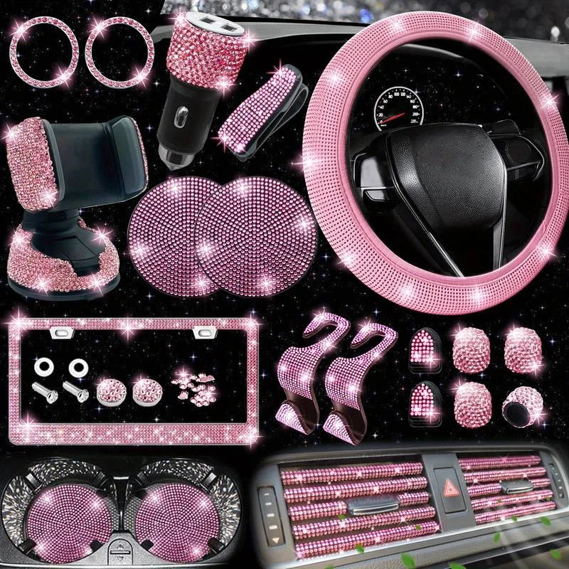 Autozubehör-Set 27/4-teilig Damen Bling Universal Passform Lenkradbezug Polyester Glitzernd Kennzeichenhalter Handyhalter Untersetzer Werkzeuge