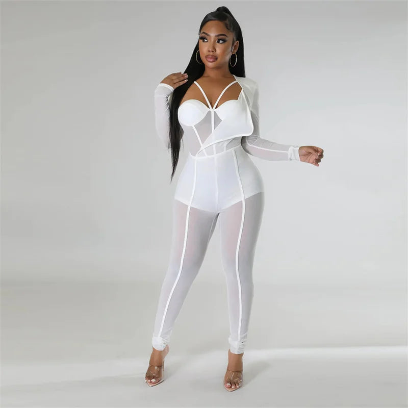 Sexy Mesh Patchwork Transparenter Club-Bodycon-Jumpsuit für Damen, durchsichtiger Einteiler-Overall, Clubwear, Party-, Geburtstagsoutfits