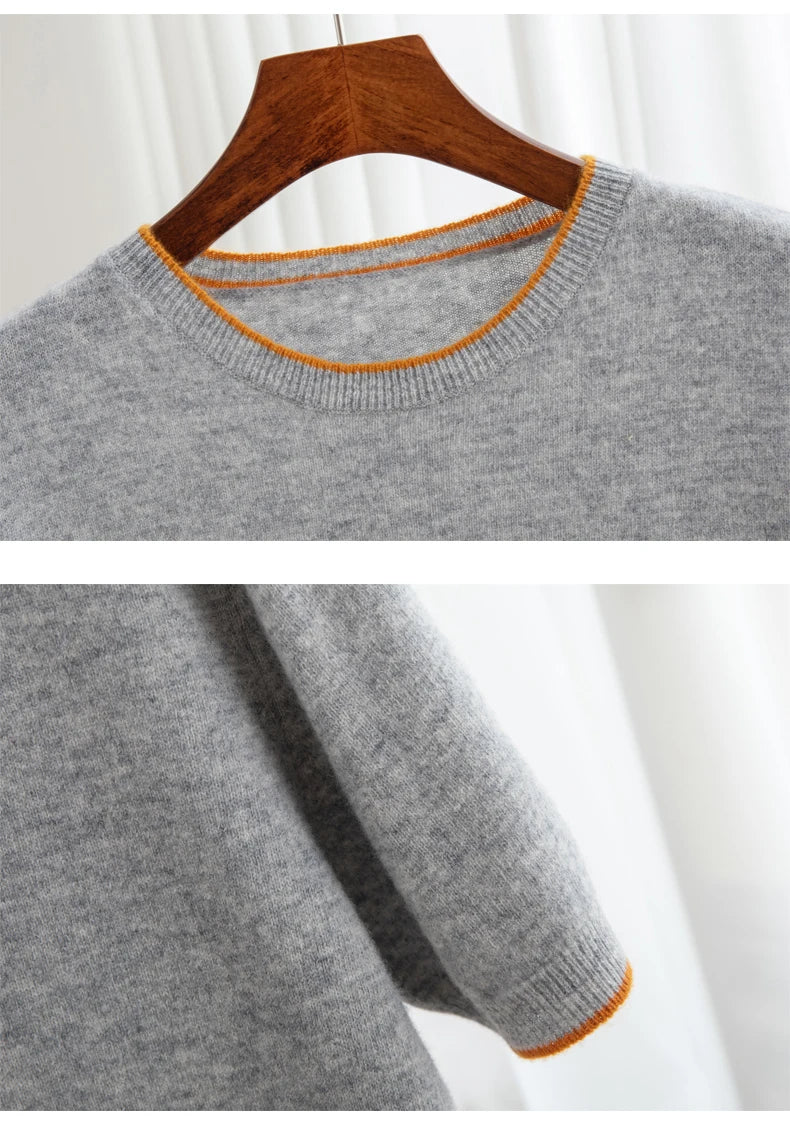 Men's T-shirt 2024 Summer New Knitted Tank Top Fashion Color Block Round Neck Pullover Sweater 100% Pure Wool Short sleeved