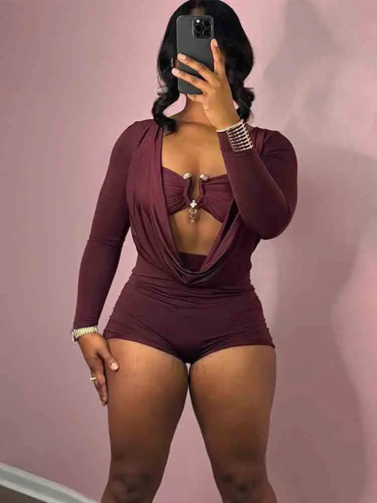Insglas Frühling Trend Schwingkragen Sexy Damen Jumpsuit + Metallschnalle BH Hipster Midnight Party Neues Workout Fit Coquette Playsuits