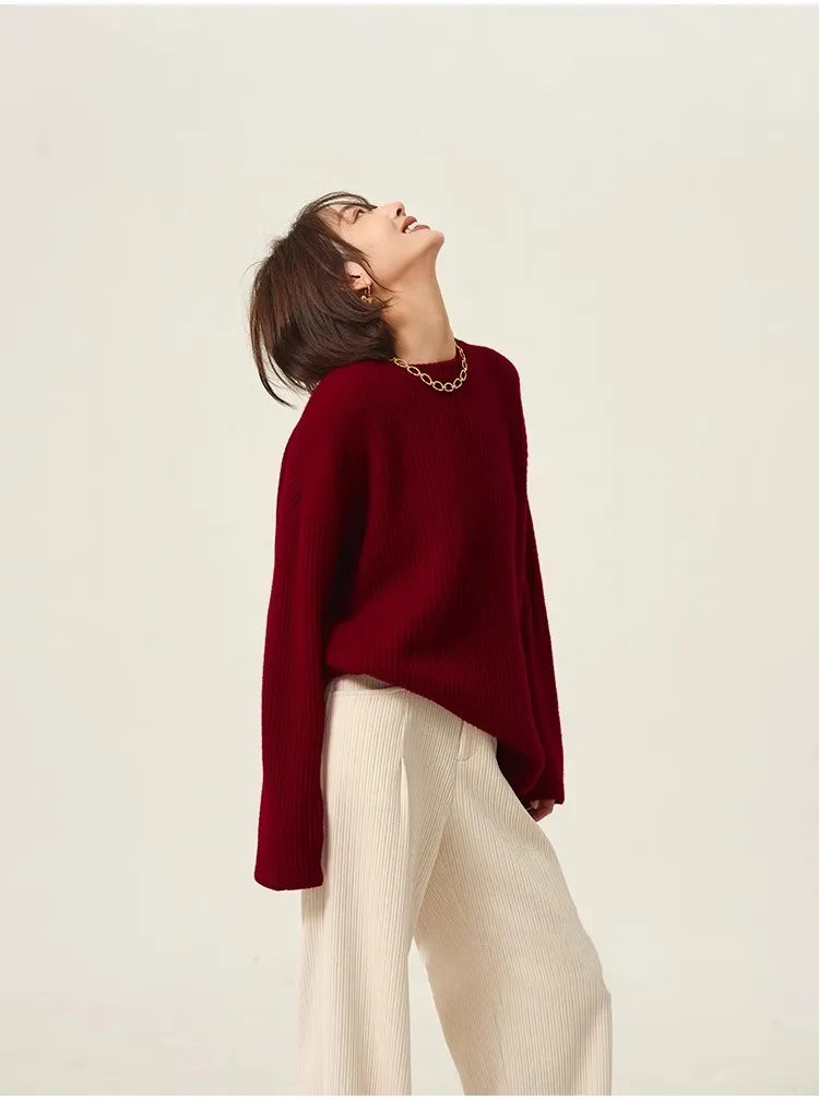 Rollkragenpullover 100% Kaschmir Pullover Damen lose verdickend Anti-Aging Nische Vintage Roter Rundhals-Pullover Damen Langarm