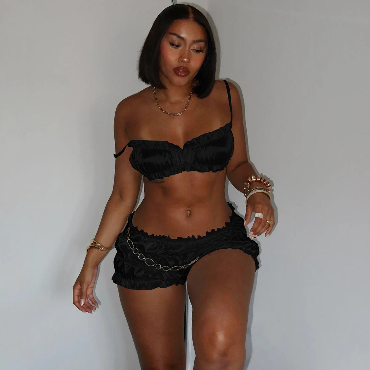 Dulzura Women'S 2 Piece Pleats Shorts Set Sleeveless Strappy Crop Tops And Sexy Shorts Matching Set Party Club