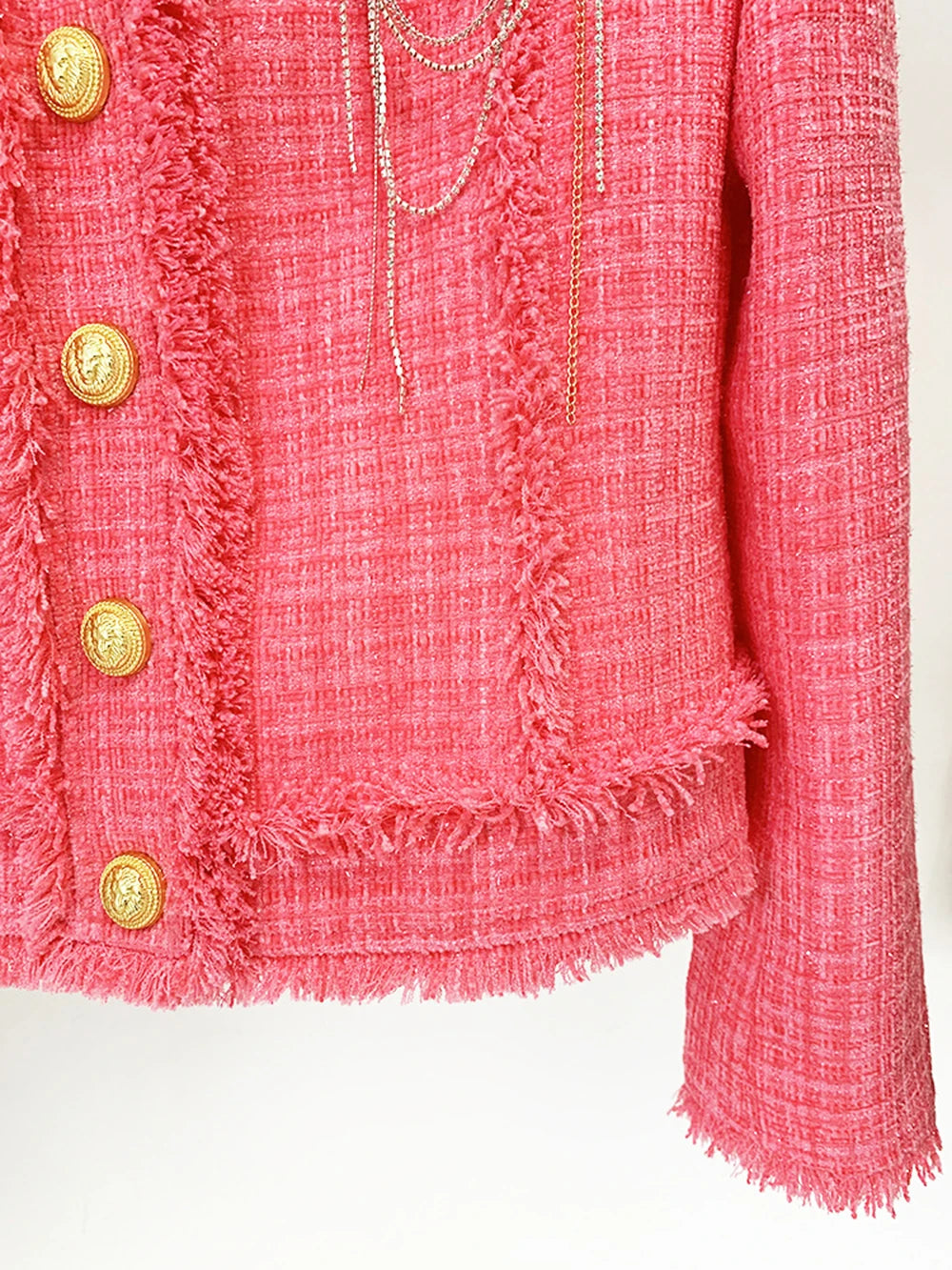 Modphy Winter Sweet Luxury Tweed Rose Pink Jackets Women Diamond Tassels Woollen Coats Elegant Straight Outerwear Tops Female