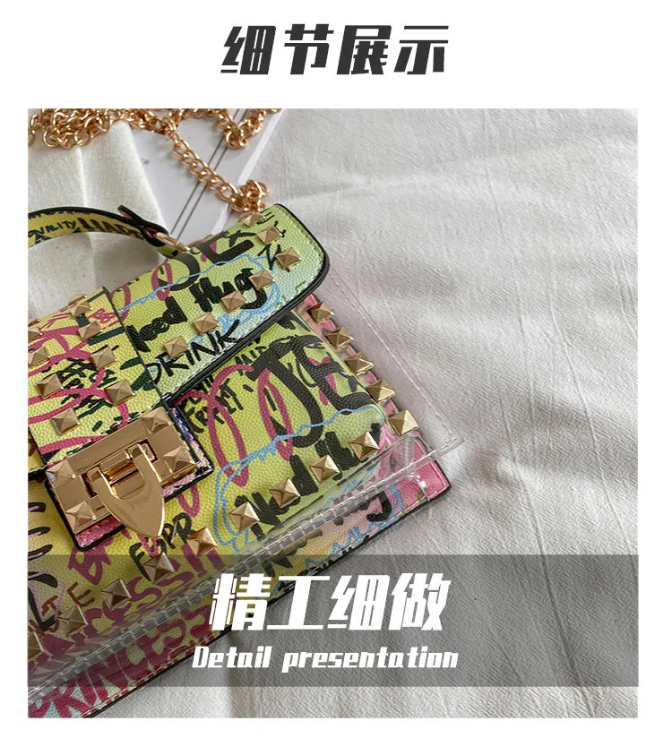 Marke Frauen Nieten Graffiti Umhängetaschen Mode Schultertasche für Damen Weibliche Luxus Designer Handtaschen 2023 Hohe Qualität