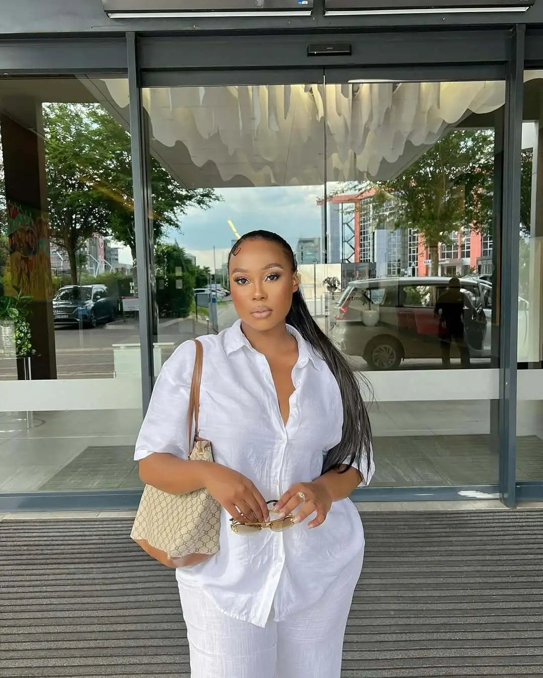 Women Casual Two Piece Pant Set Short Sleeve Turn Down Collar Shirts Top and High Waist Loose Wide Leg Pant Matching Set 2025