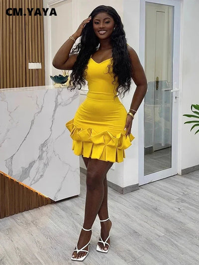 CM.YAYA Damen Spaghetti-Träger Ärmelloses V-Ausschnitt Minikleid Sommer 2025 Gerafftes Party-Abend-Nachtclub-Chic-Kleid