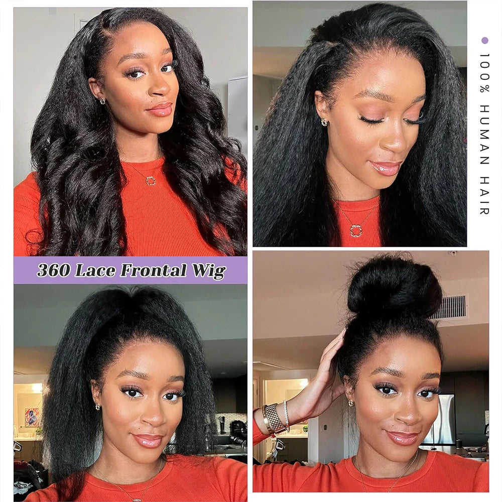 Invisible Strap HD 360 Lace Front Wigs Human Hair Kinky Straight 250 Density Precut 360 Full Lace Wig Drawstring Glueless Wig