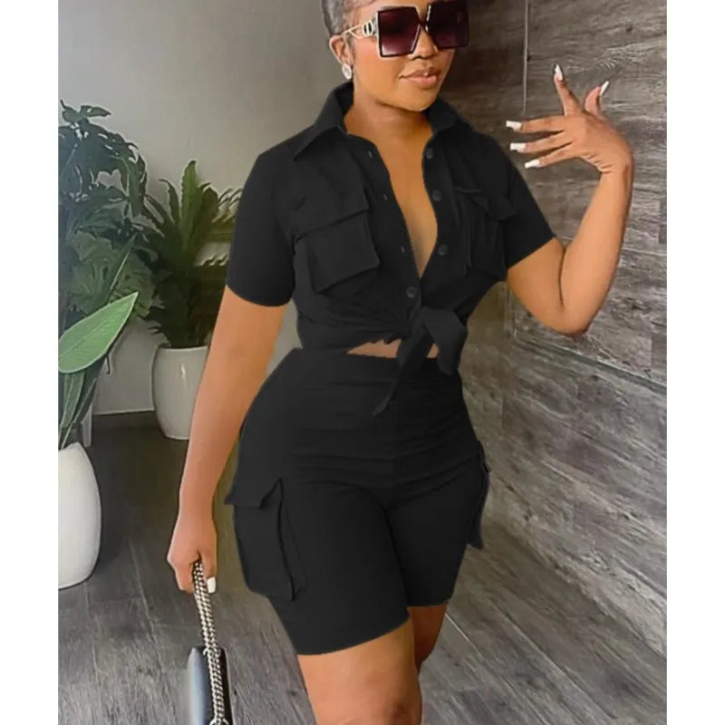Women Two Piece Shorts Set Outifit Summer Fashion Solid Turn-Down Collar Short Sleeve Shirts Top & Casual Pocket Streetwear Sets