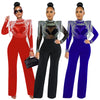 Women Jumpsuit Solid High Collar Hot Drill Mesh Shoulder Cotton Long Sleeves Long Straight Jumpsuit Sexy Party Outfits