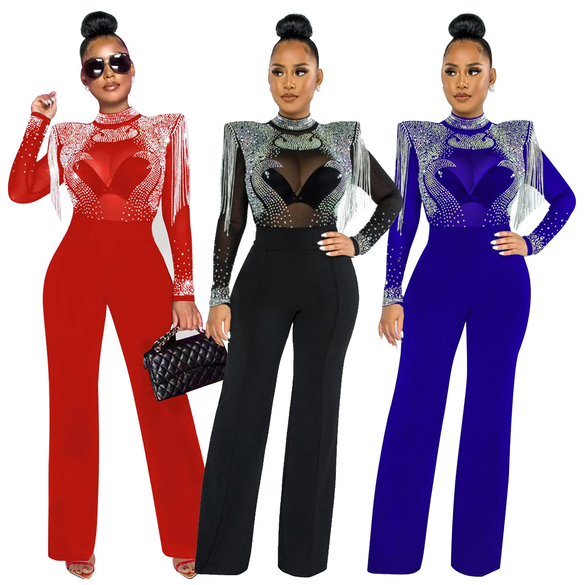 Women Jumpsuit Solid High Collar Hot Drill Mesh Shoulder Cotton Long Sleeves Long Straight Jumpsuit Sexy Party Outfits