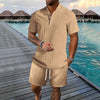 New style summer men's striped casual shirt comfortable loose stand collar short sleeve shorts beach suit fashion trend pullover