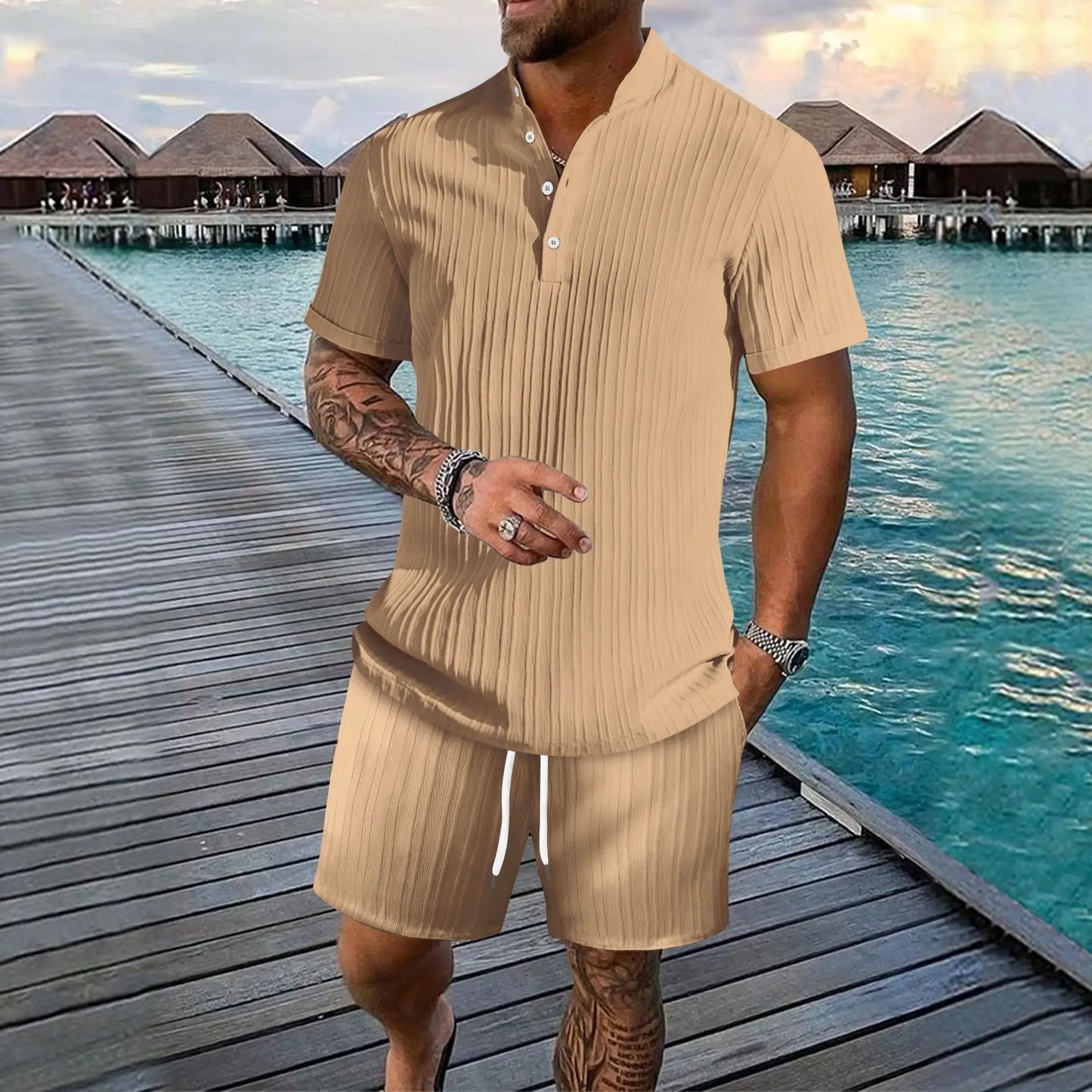 New style summer men's striped casual shirt comfortable loose stand collar short sleeve shorts beach suit fashion trend pullover