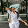 Women Casual Two Piece Pant Set Short Sleeve Turn Down Collar Shirts Top and High Waist Loose Wide Leg Pant Matching Set 2025