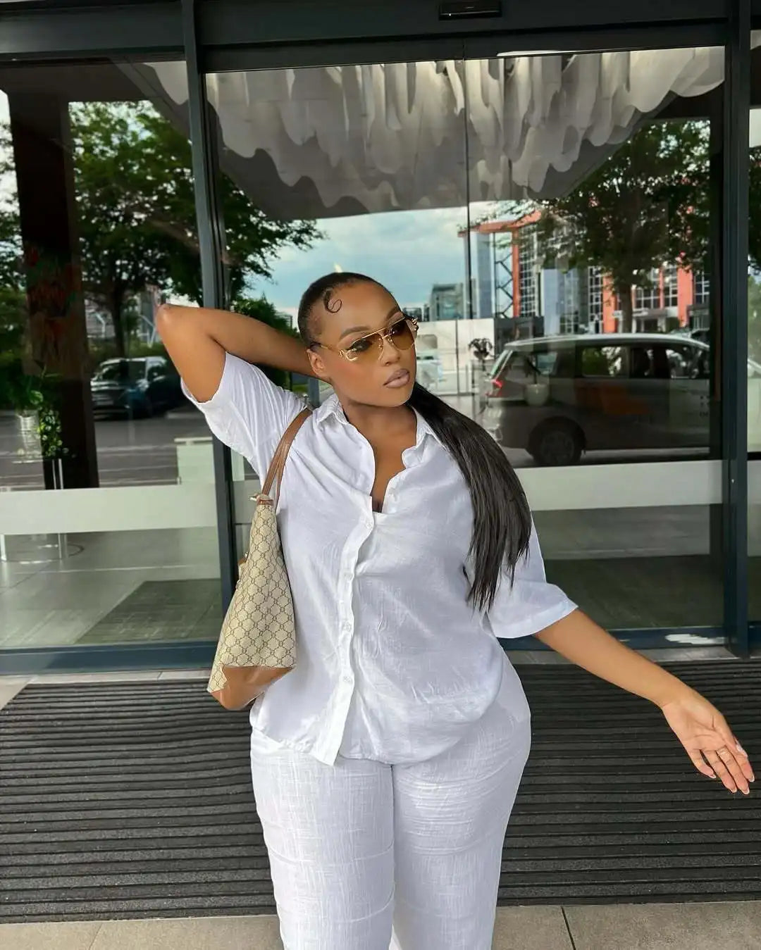 Women Casual Two Piece Pant Set Short Sleeve Turn Down Collar Shirts Top and High Waist Loose Wide Leg Pant Matching Set 2025