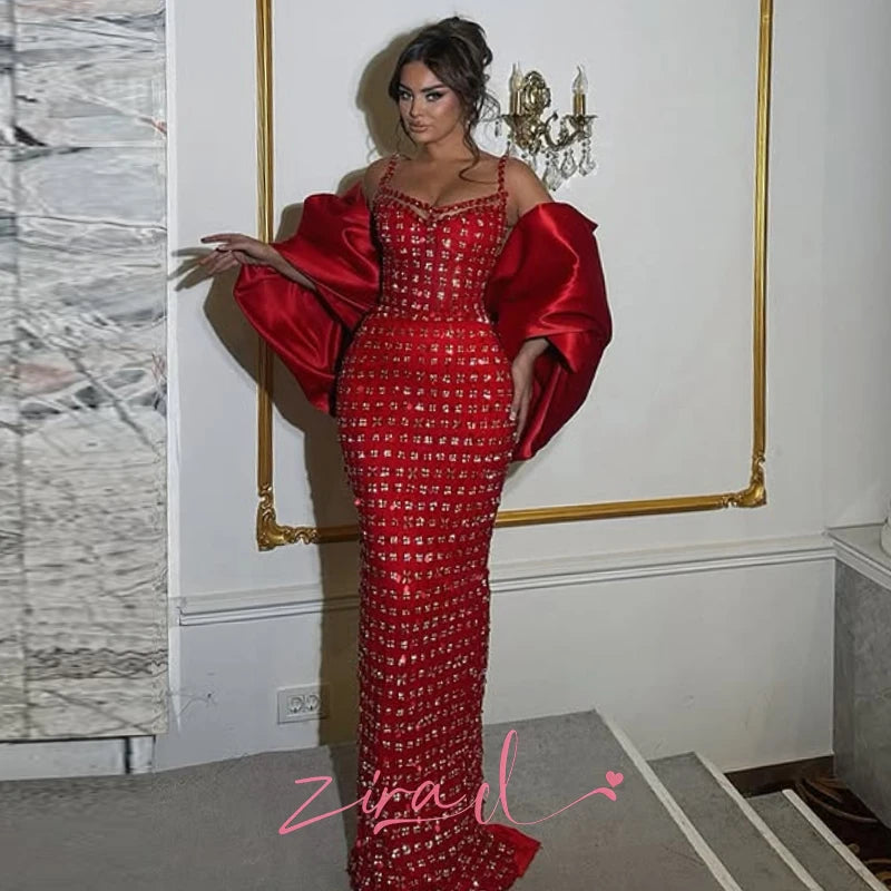 Zira Customized Red Mermaid Evening Dresses With Cape Elegant Beaded Diamonds Party Gowns Customized Engagement Prom Dress