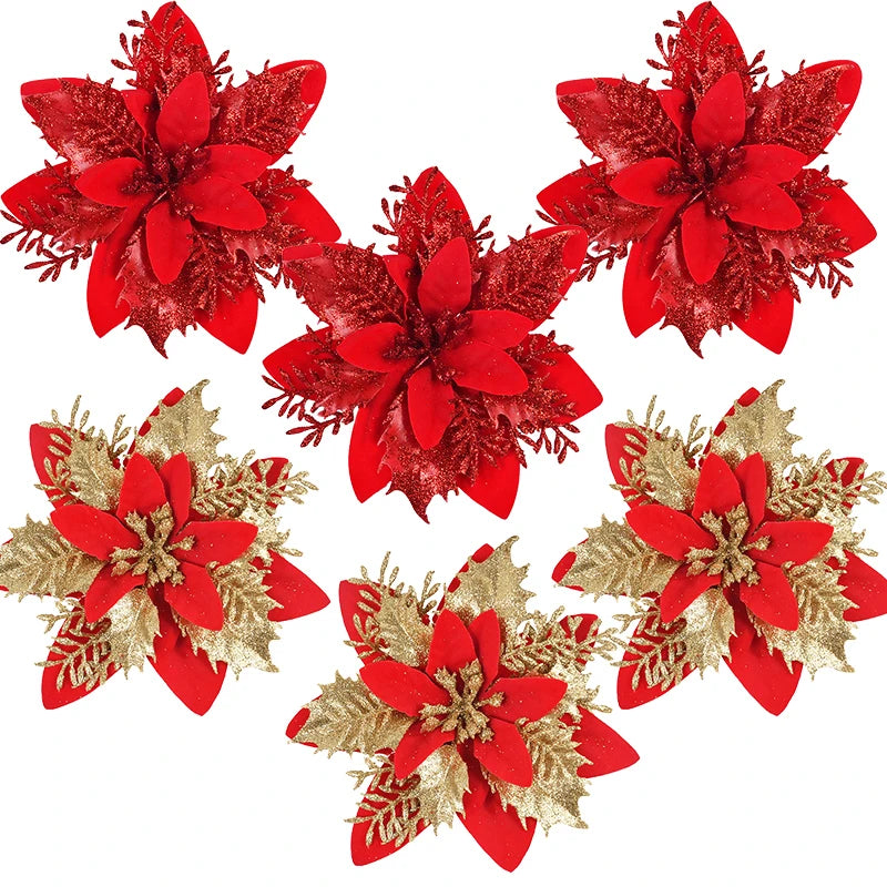 3/10Stück 14cm Weihnachtsblumen Glitzer Rot Gold Blütenkopf Weihnachtsbaumschmuck Neujahrsdekorationen für Zuhause Navidad Noel Geschenke