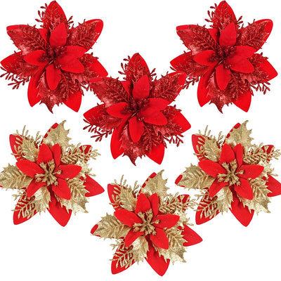 3/10Stück 14cm Weihnachtsblumen Glitzer Rot Gold Blütenkopf Weihnachtsbaumschmuck Neujahrsdekorationen für Zuhause Navidad Noel Geschenke