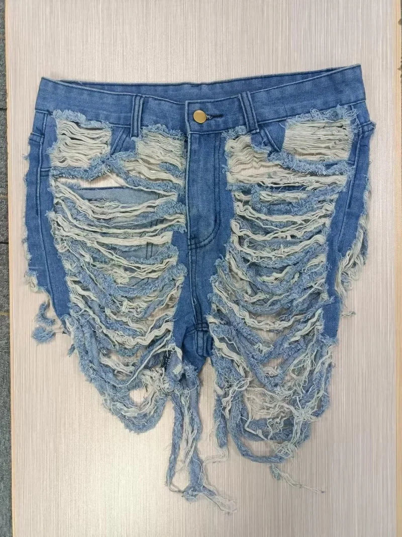 New Ripped Denim Shorts Women Bottoms Female Jeans High Waist Holes Tassel Classic Denim Shorts Close-Fitting Pants Fashion