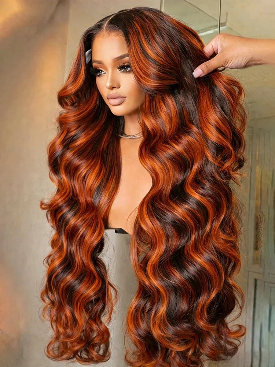 Ginger Brown Highlight Body Wave Lace Frontal Wigs Colored Human Hair Glueless Ombre Ginger Orange HD 13x4 Lace Front Lace Wig