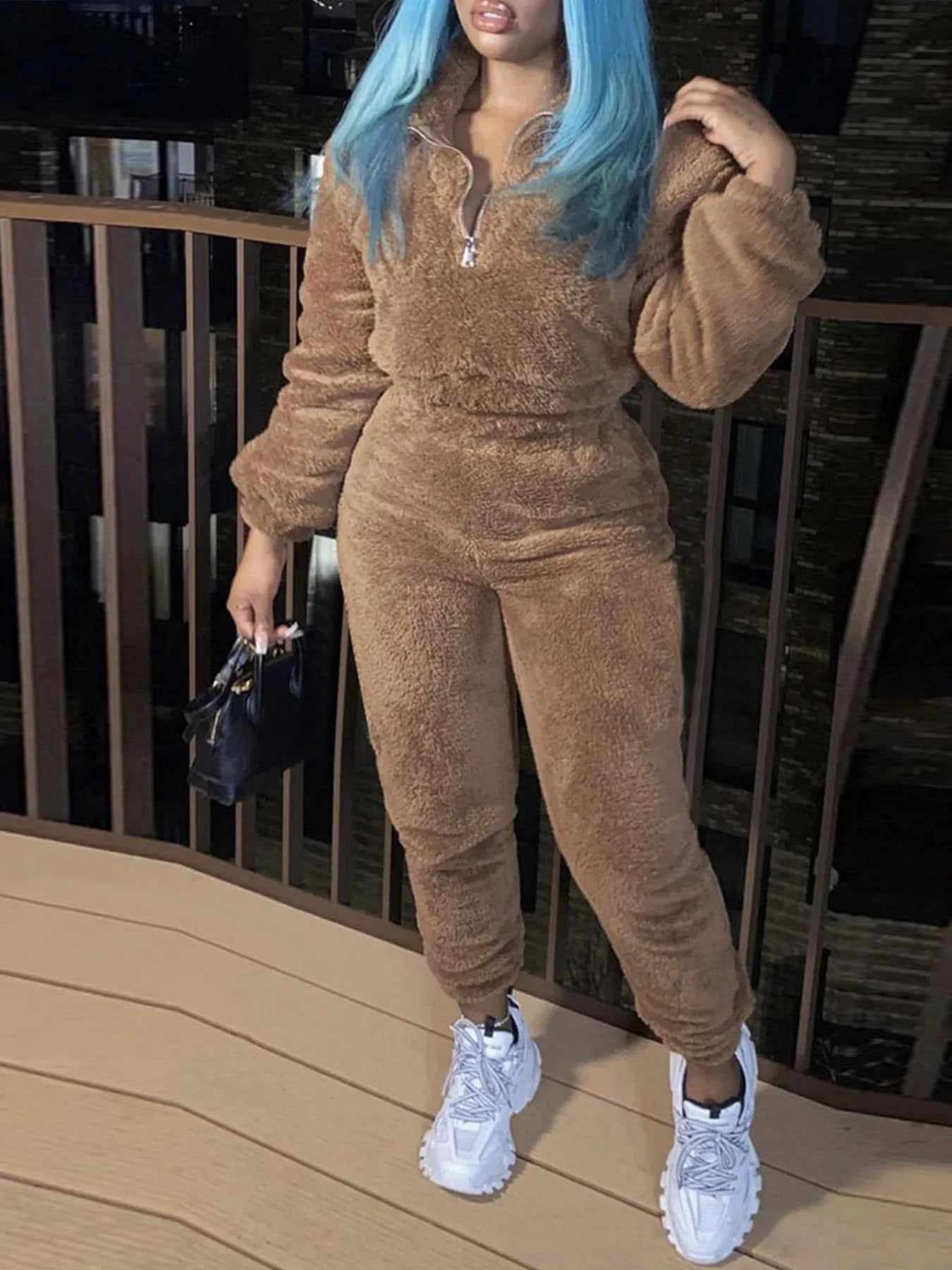 Winter New Plush Two Piece Set Casual Home Warm Suit For Women Fashion Zipper Lapel Pullover Top Elastic Waist Trousers Suit