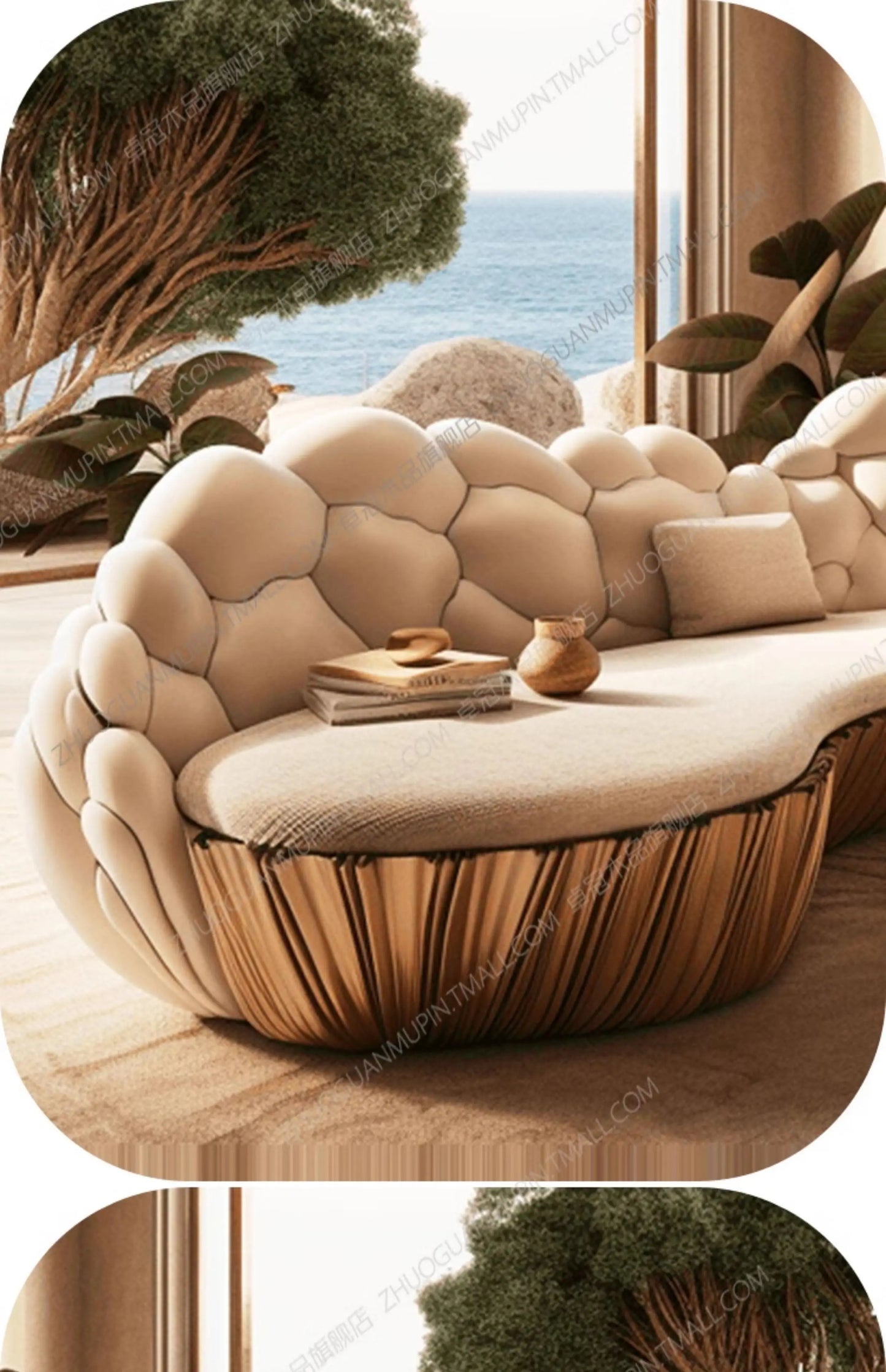 Französisches, leicht luxuriöses, halbkreisförmiges, geschwungenes Villa Wohnzimmer, kreatives Sofa, cremefarben, speziell geformt, Massivholz