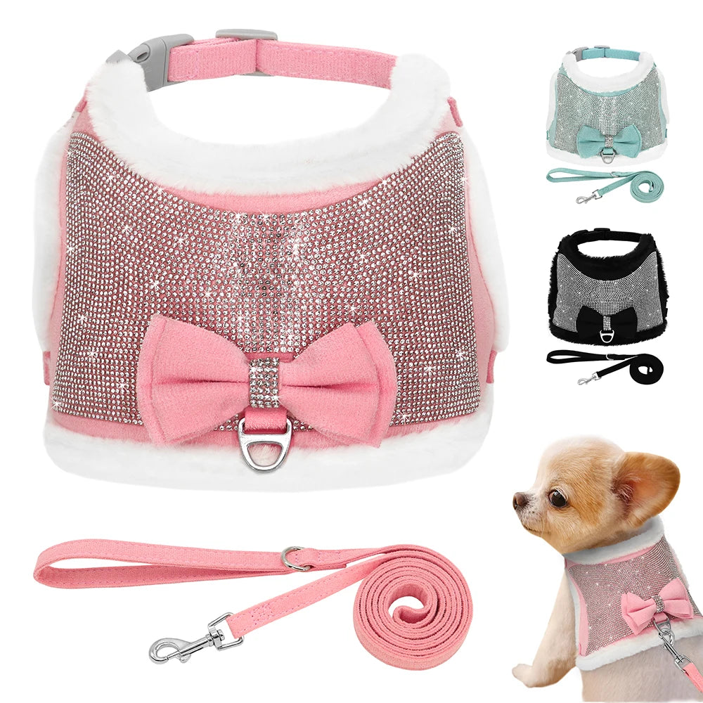 Hundegeschirr und Leine-Set mit Strass, weiches, warmes Haustiergeschirr, Weste, Hunde-Schleifengeschirr, verstellbar für Chihuahua, Hunde, Katzen