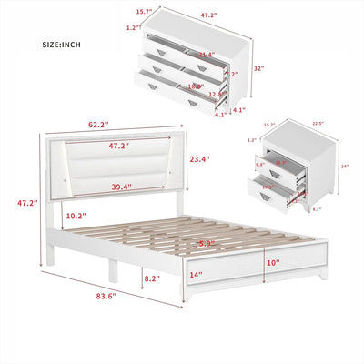 3-teiliges Schlafzimmerset Queen-Size Polsterbett mit LED-Beleuchtung, Nachttischen, 3-teiliges Schlafzimmermöbel-Set aus Holz, Weiß