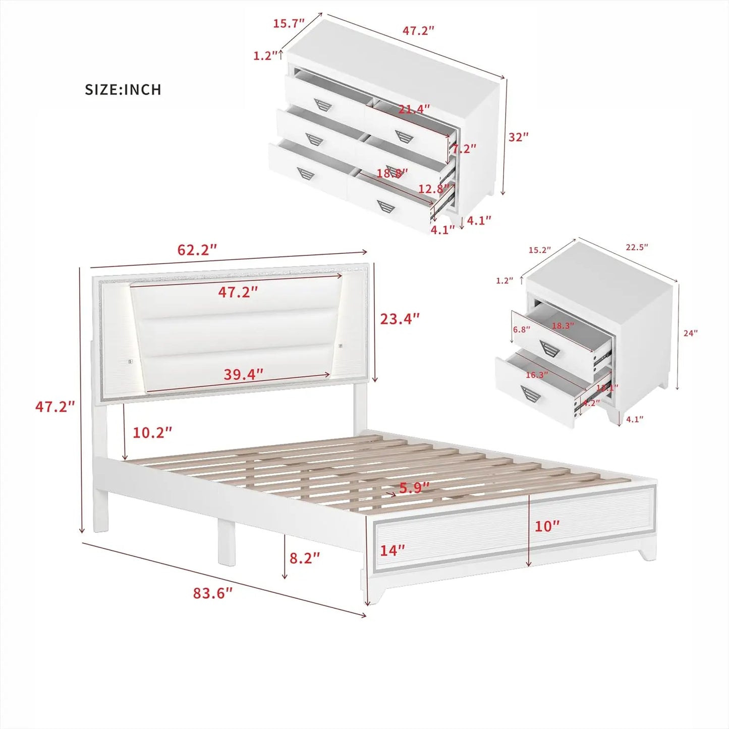 3-teiliges Schlafzimmerset Queen-Size Polsterbett mit LED-Beleuchtung, Nachttischen, 3-teiliges Schlafzimmermöbel-Set aus Holz, Weiß