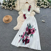Two Pieces Women Dress Sets Solid Matching Sets V Neck Printing Top High Waist Pleat Dress Loose Fit Casual 2025 Autumn Winter