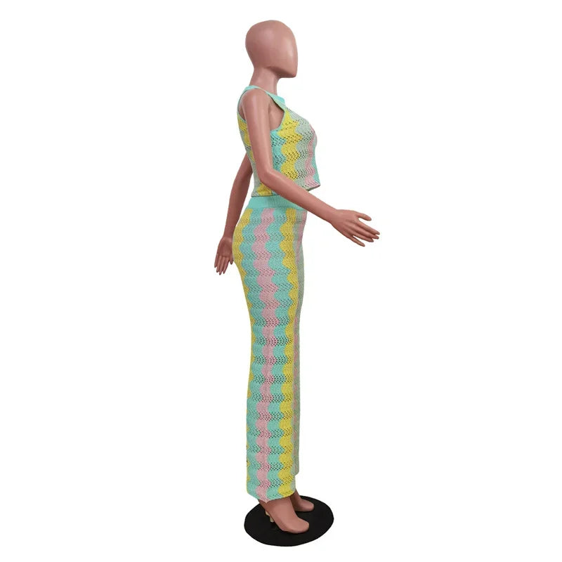Knitted Striped 2 Piece Sets Women Outfit Summer Beach Vacation Sleeveless Crop Top and Flare Pants Matching Sets Club Party