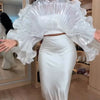 White Pleated Ruffle Crop Top Women Oversized Fan Sleeve Stand Collar Elegant Formal Evening Party Blouse