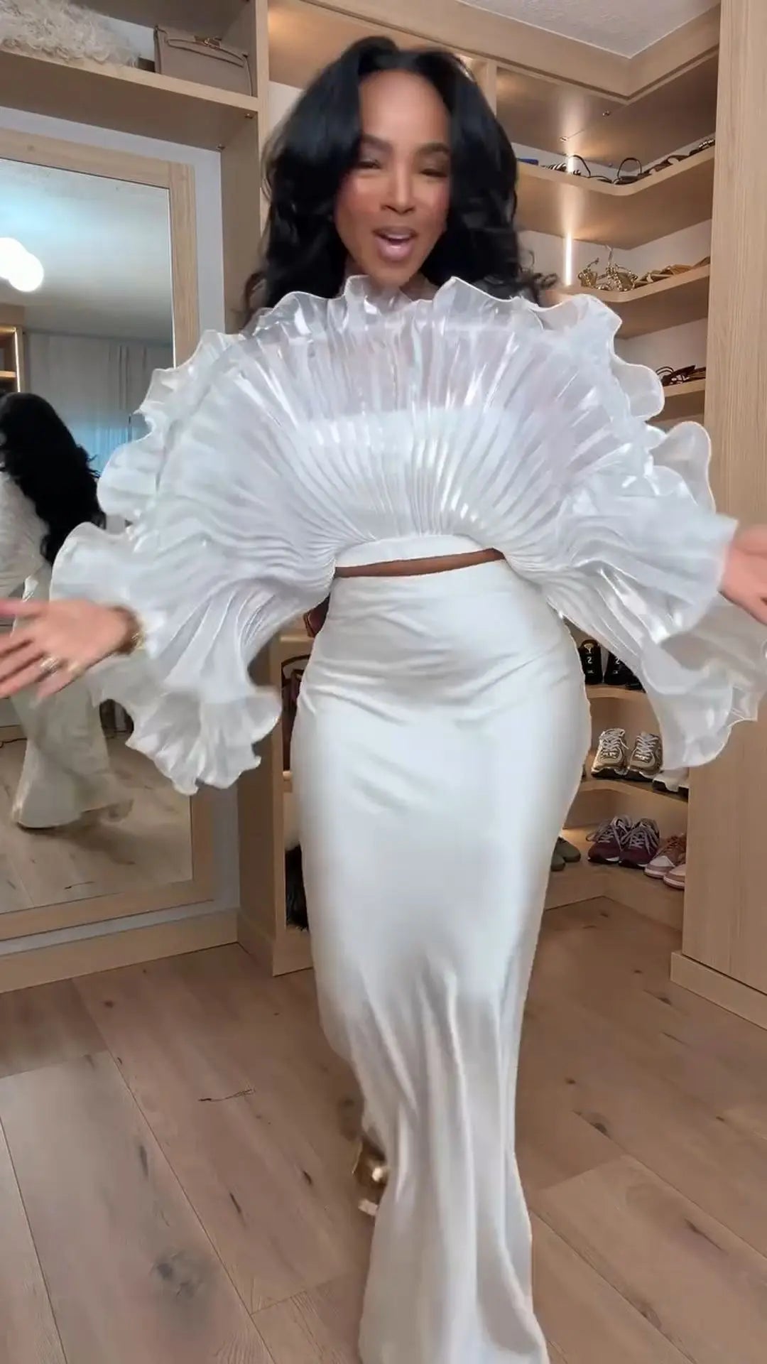 White Pleated Ruffle Crop Top Women Oversized Fan Sleeve Stand Collar Elegant Formal Evening Party Blouse