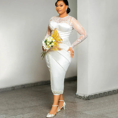 Flavinke Maßgeschneiderte Standesamt-Brautkleider für die Braut O-Ausschnitt Langarm Tee-Länge Perlen Aso Ebi Brautkleider Robes de mariée