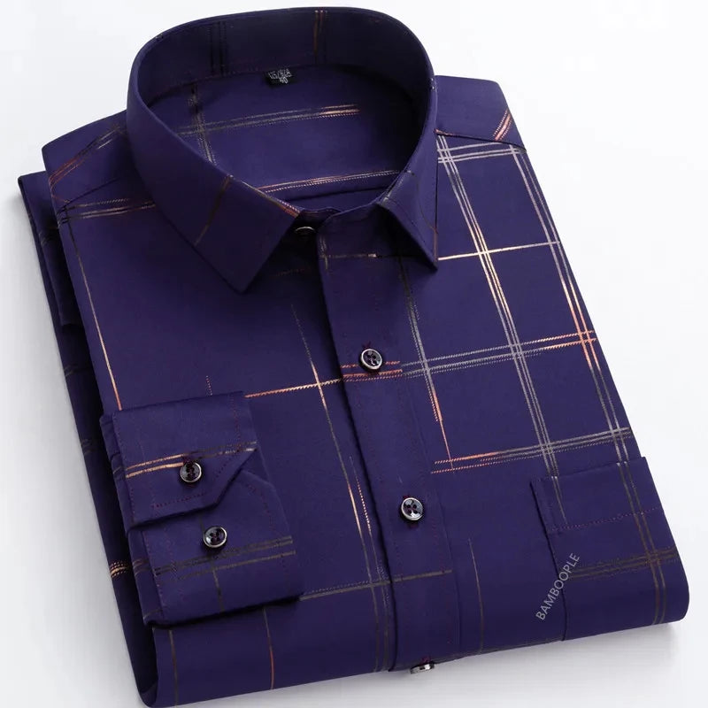 Men's Print Shirt Autumn Spring Long Sleeve Thin Non Iron Fashion Business Causal Social Anti-wrinkle Plaid Slim Fit Chemise Hom