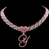 Hip Hop Bling Pink Crystal Cursive Initial Letter Cuban Necklace for Women Iced Out Paved Cuban Chain Necklace Choker Jewelry