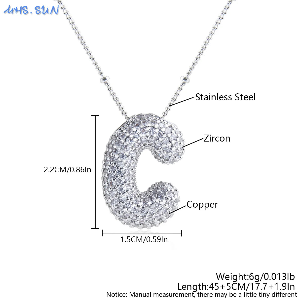 MHS.SUN Hochwertige Bubble Initialenkette Buchstabe A-Z Silberfarbene Zirkon 26 Initialen Ballon Anhänger für Damen Herren Schmuck