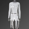 CM.YAYA Women's Set Bow O-Neck Mesh Long Sleeve Tops + Velvet Shorts Suits Streetwear Sexy Two 2 Piece Outfits Tracksuits Summer