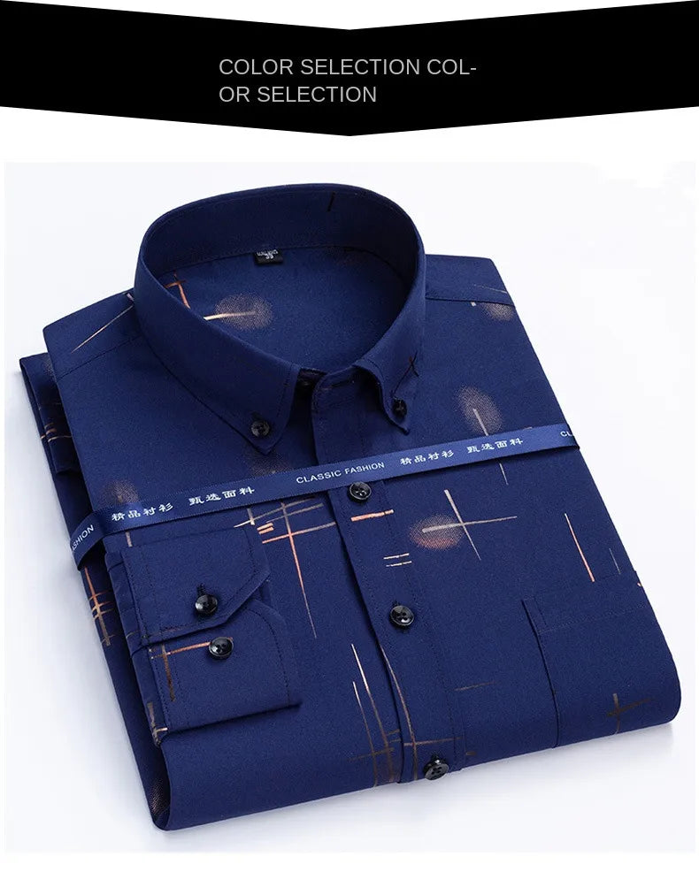 Men's Print Shirt Autumn Spring Long Sleeve Thin Non Iron Fashion Business Causal Social Anti-wrinkle Plaid Slim Fit Chemise Hom