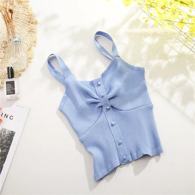 New Style Summer Crop Top Women Seamless Sexy V-Neck Wide Straps Tank Top Knitted Button Camisole Solid Corset Top Female Vest