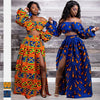 Afrikanische Kleider für Damen, Herbst, 2-teiliges Set, Damen, lange Ärmel, schulterfrei, mit Feder-Dashiki-Print, geteilte Röcke, afrikanische Kleidung