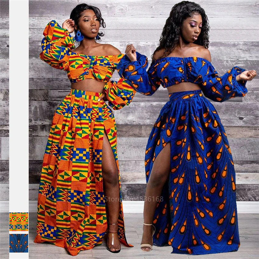 Afrikanische Kleider für Damen, Herbst, 2-teiliges Set, Damen, lange Ärmel, schulterfrei, mit Feder-Dashiki-Print, geteilte Röcke, afrikanische Kleidung