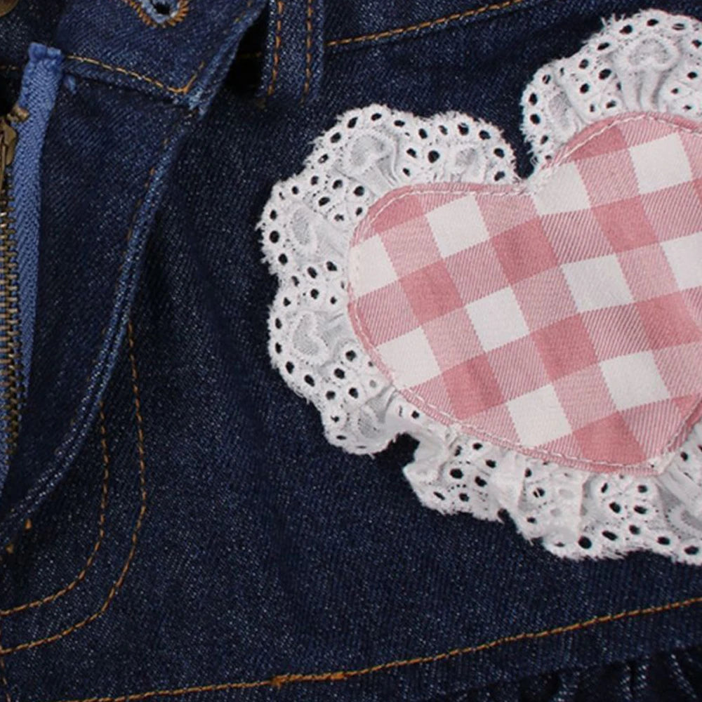 Preppy Style Lolita Kawaii Skirts Japanese Sweet Mini Women Harajuku Cute Ball Gown Denim Skater Y2K High Waist Lace Cake Skirts
