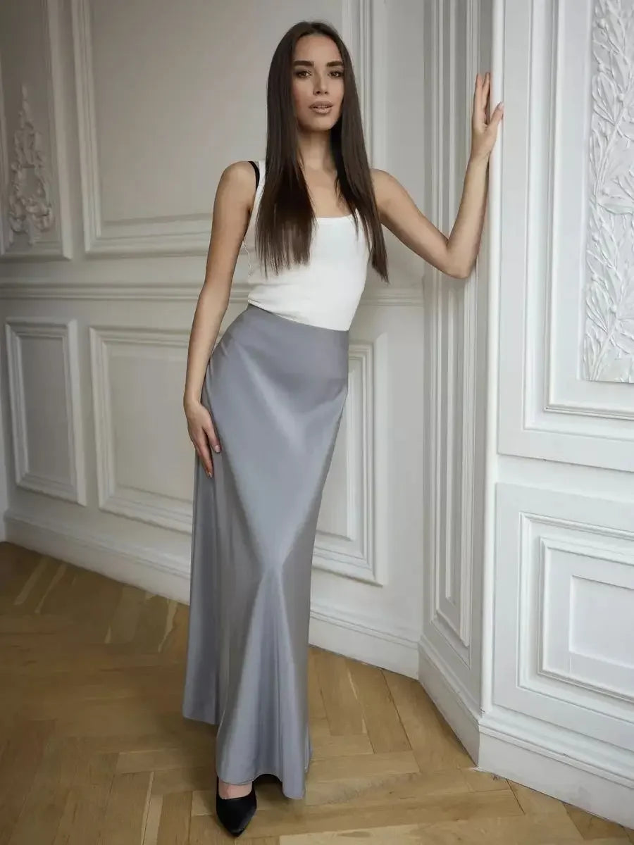 Wolfeel Freizeit Satin Damenrock Frühling Sommer Mode Locker Hoher Bund Maxi Röcke Elegant Einfacher Satin-Fischschwanzrock